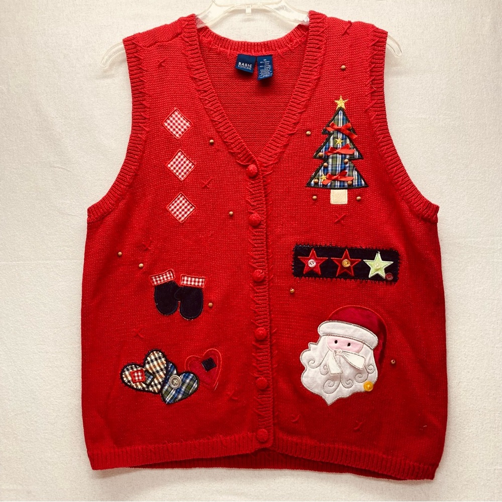 Vintage Basic Editions 2X Embellished Christmas Sweater Vest  Santa Mittens Fun